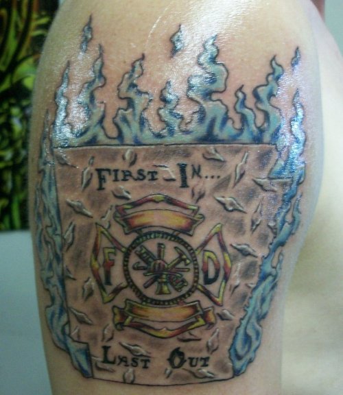 Blue Ink Flaming Firehighter Tattoo On Half Sleeve