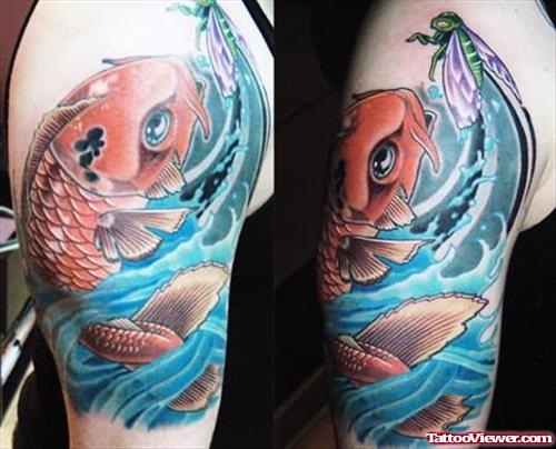 Coloured Koi Fish Tattoo On Biceps