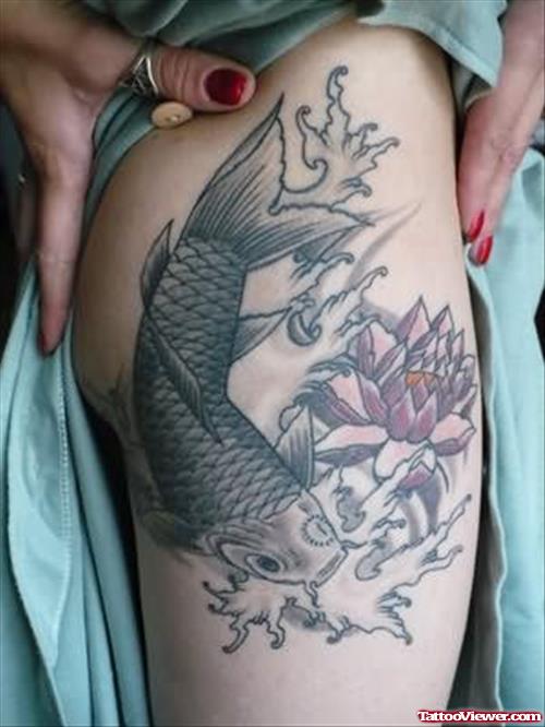 Japanese Koi Fish Tattoo On Thigh