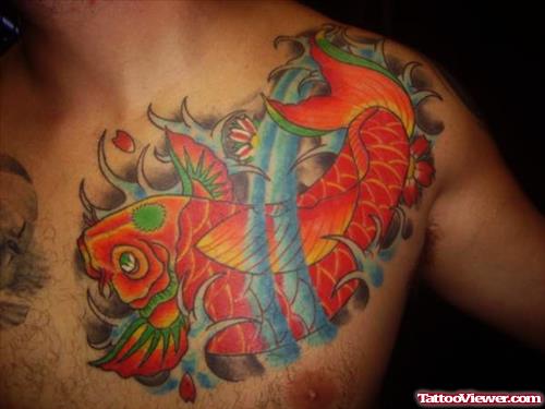 Fish And Water Tattoo On Chest