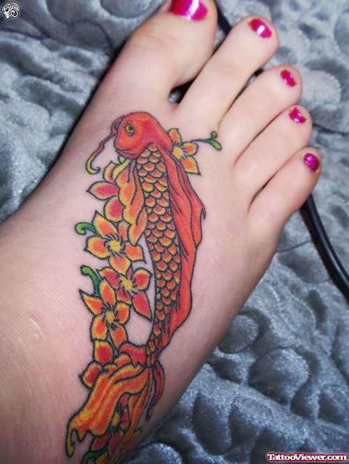 Cool Orange Fish Tattoo On Foot