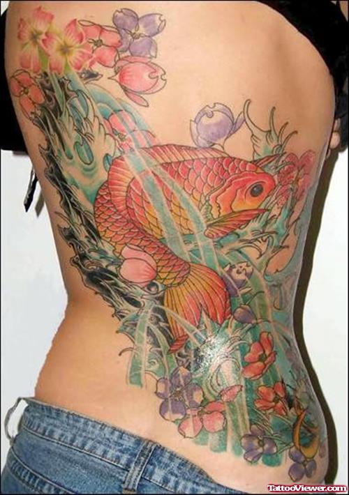 Big Orange Fish Tattoo On Back