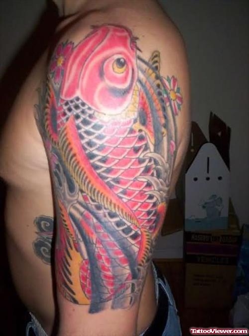 Pink Koi Fish Tattoo On Bicep
