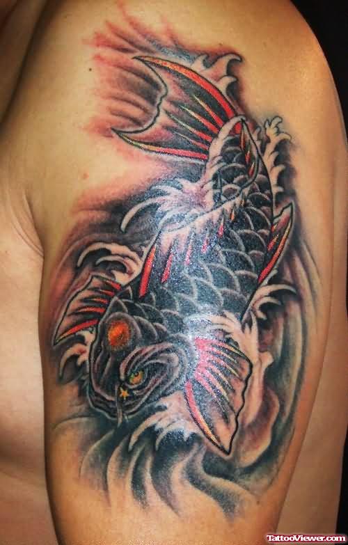 Black Koi Fish Tattoo On Muscle