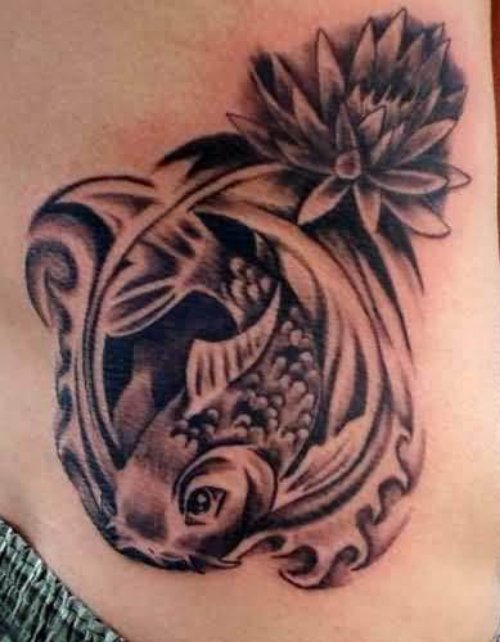 Flower And Fish Tattoo On Waist