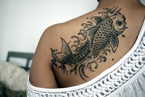 Black Ink Fish Tattoo On Back Shoulder