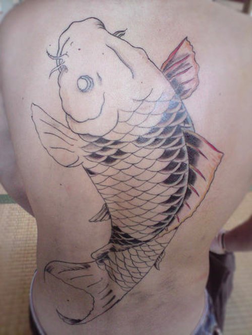 Awesome Grey Ink Fish Tattoo On Back Body