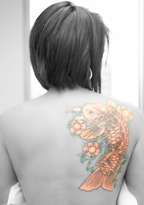 Right Back Shoulder Fish Tattoo For Girls
