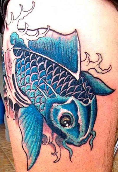 Blue Ink Fish Tattoo On Arm