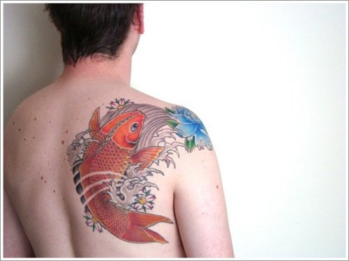 Right Back Shoulder Koi Fish Tattoo