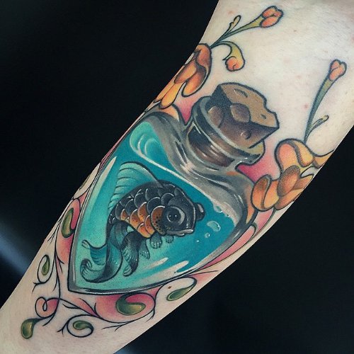 Fish In Bottle Tattoo On Arm Sleeve
