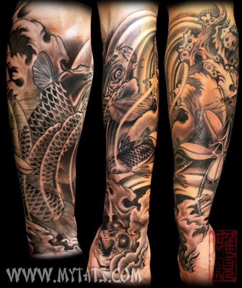 Black And Grey Ink Fish Tattoo