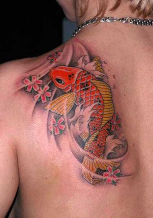 Girl Left Back Shoulder Fish Tattoo