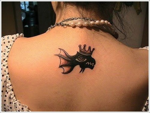 Black Ink Crown Koi Fish Tattoo On Upperback
