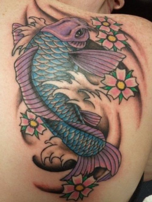 Flowers And Fish Tattoo On Right Back Shoulder