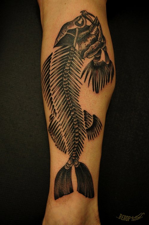 Fish Skeleton Tattoo On Leg