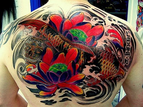 Red Flowers Tattoo On Back Body