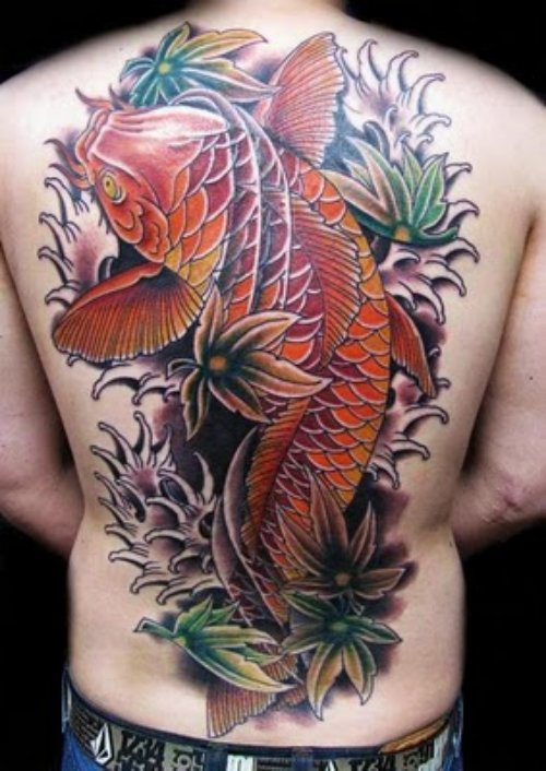 Colored Large Fish Tattoo On Back