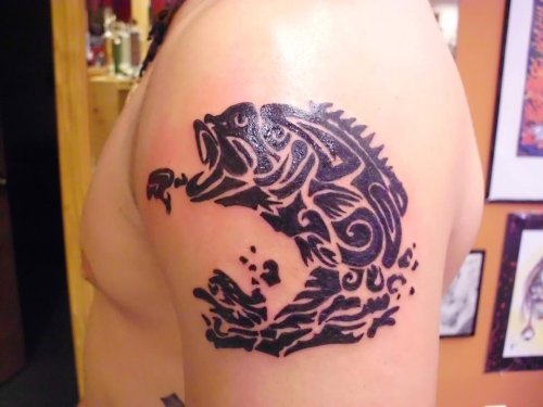 Tribal Fish Tattoo On Left Shoulder