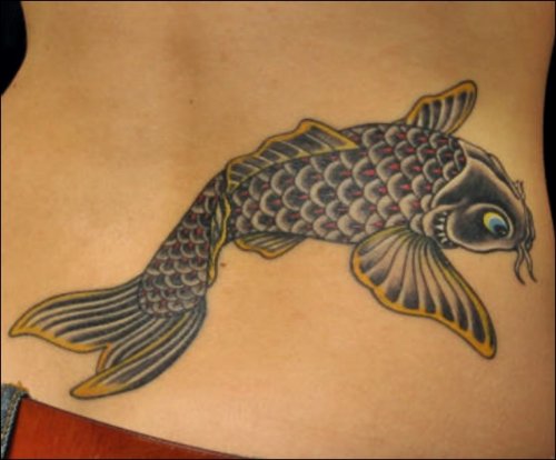 Grey Ink Fish Tattoo On Lowerback