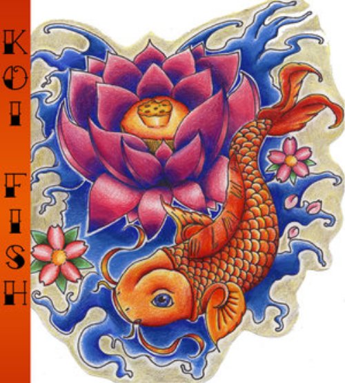Attractive Lotus Flower And Fish Tattoo Design