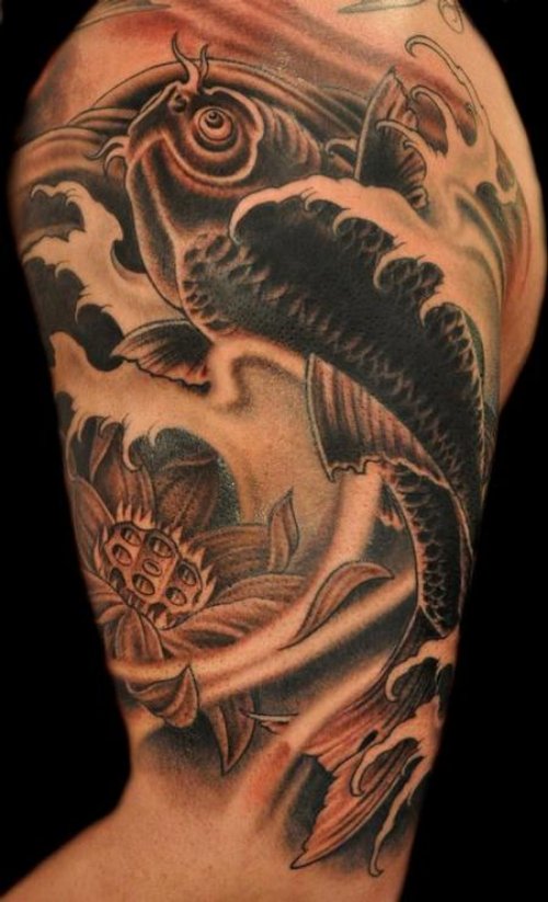 Grey Ink Fish Tattoo On Left Sleeve