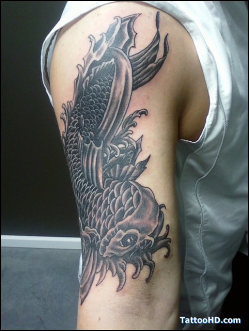 Attractive Grey Ink Koi Fish Tattoo On Half Sleeve