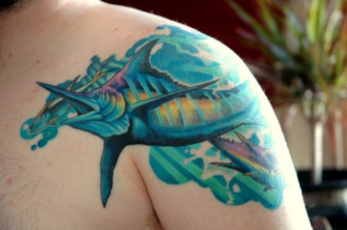 Colorful Fish Tattoo On Shoulder