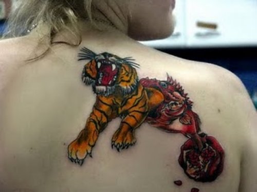 Tiger and Fish Tattoo On Back