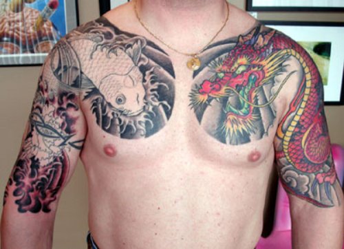 Colored Dragon And  Fish Tattoos On Chest And Half Sleeves