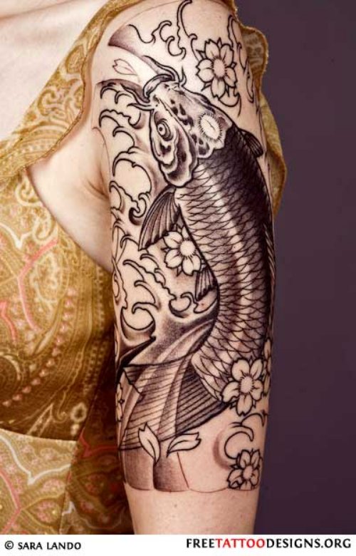 Grey Flowers and Fish Tattoo On Left Half Sleeve