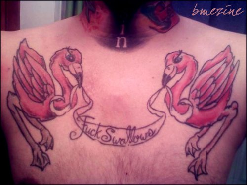 Flamingos With Banner Tattoo On Chest