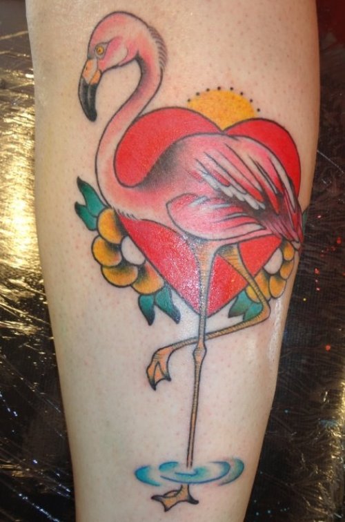 Red Heart and Flamingo Tattoo On Sleeve