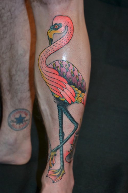 Awesome colored Flamingo Tattoo On Left Leg
