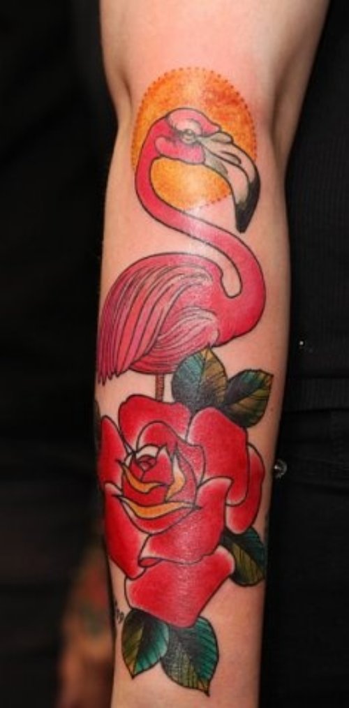 Red Rose And Flamingo Tattoo On Sleeve