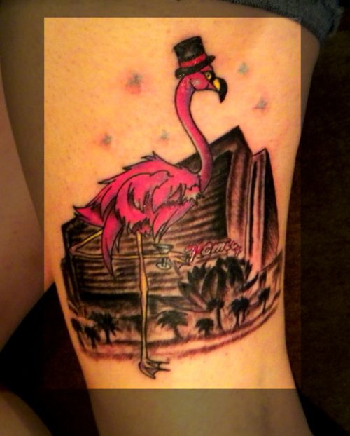 Amazing Red Flamingo With Black Hat Tattoo