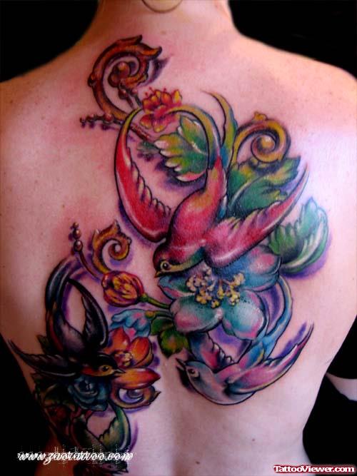 New Bird And Flower Tattoo On Back