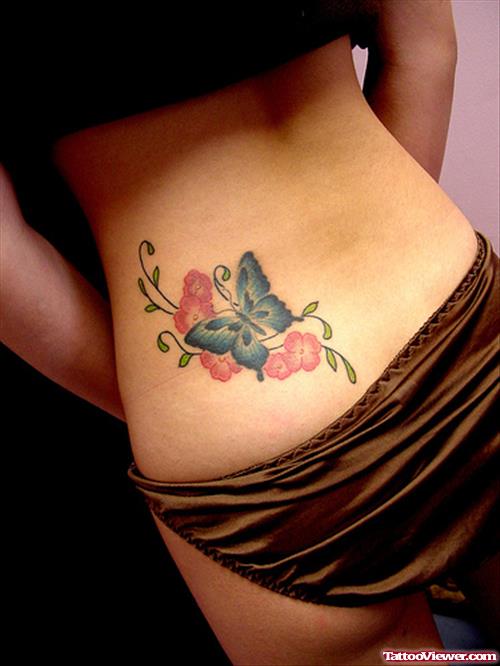 Butterflu And Flower Tattoo On Lower Back