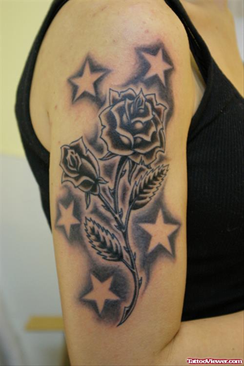 Black Rose Star Tattoo On Bicep