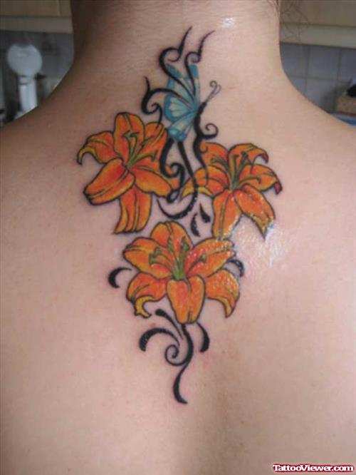 Tribal And Flowers Tattoos On Back