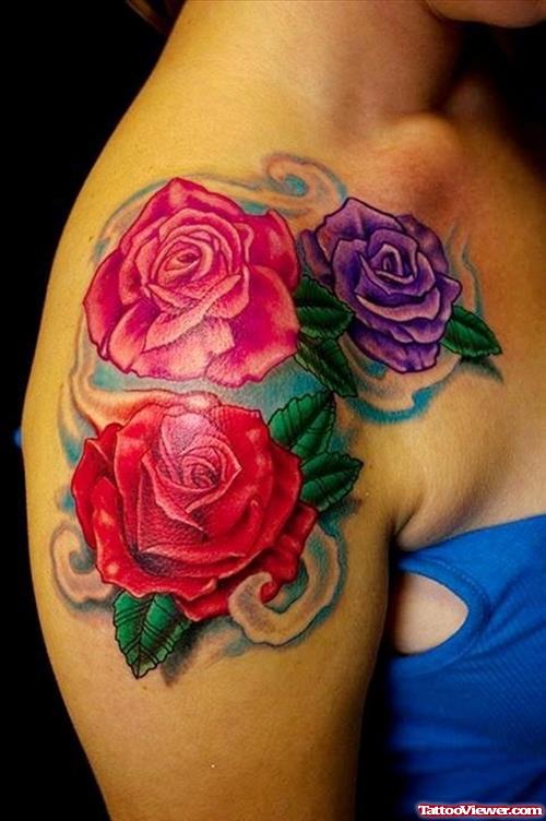 Rose Flowers Tattoos On Girl Right Shoulder