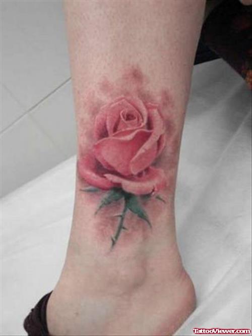 Pink Rose Flower Tattoo On Leg
