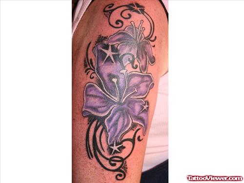 Tribal And Purple Flower Tattoo