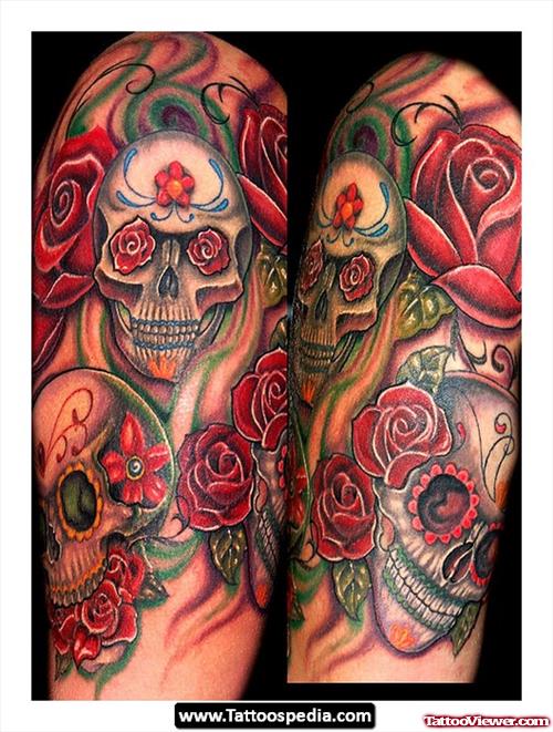 Sugar Skulls And Red Rose Flower Tattoo On Half Sleeve