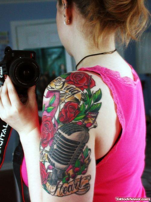 Mic and Red Rose Flower Tattoo On Left Half Sleeve