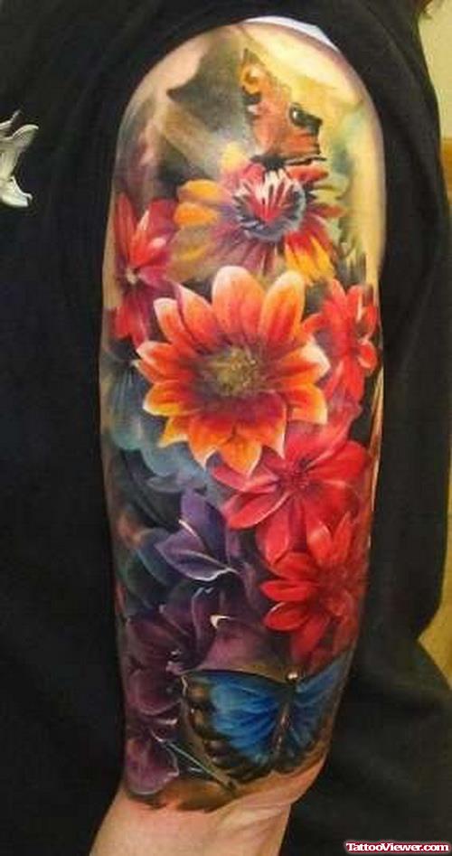 Left Half Sleeve Colored Flowers Tattoos