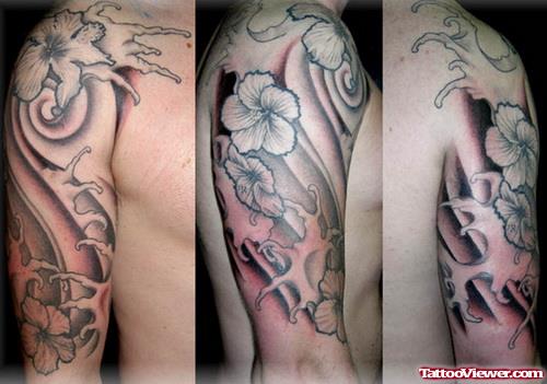 Grey Ink Flower Tattoo On Right Half Sleeve