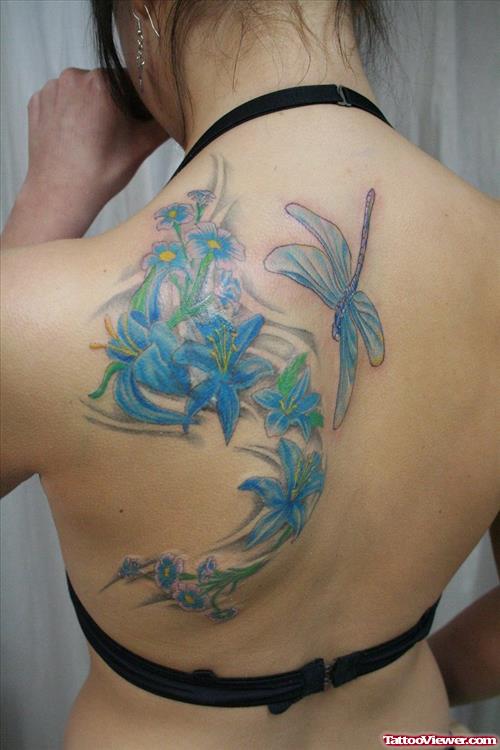 Blue Dragon Fly and Flowers Tattoo On Back