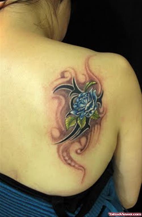Black Tribal And Flower Tattoo On Back Shoulder