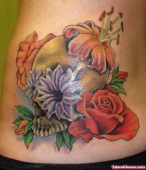 Awesome Colored Flowers Tattoos On Lowerback